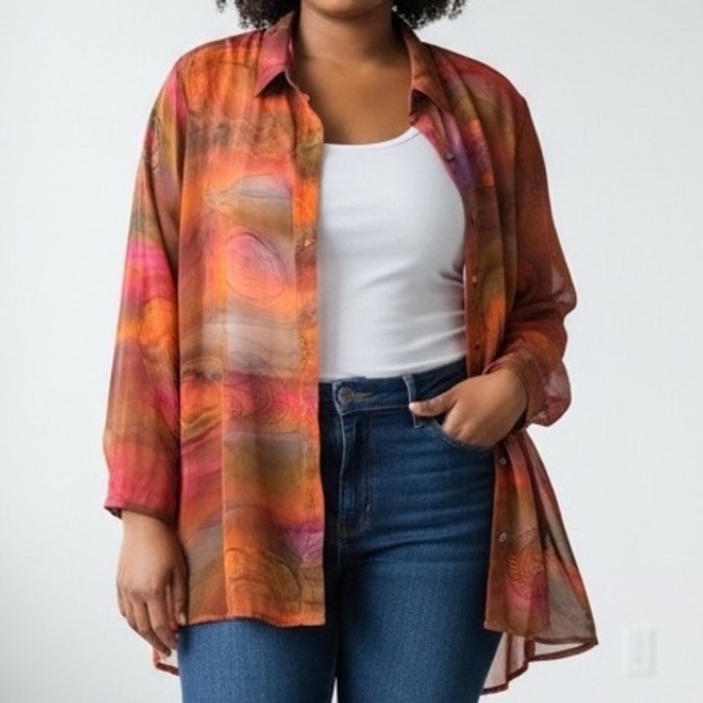Vtg Linda Karen XL Sheer Shirt Art to‎ Wear Orange Red oversized whimsygoth boho